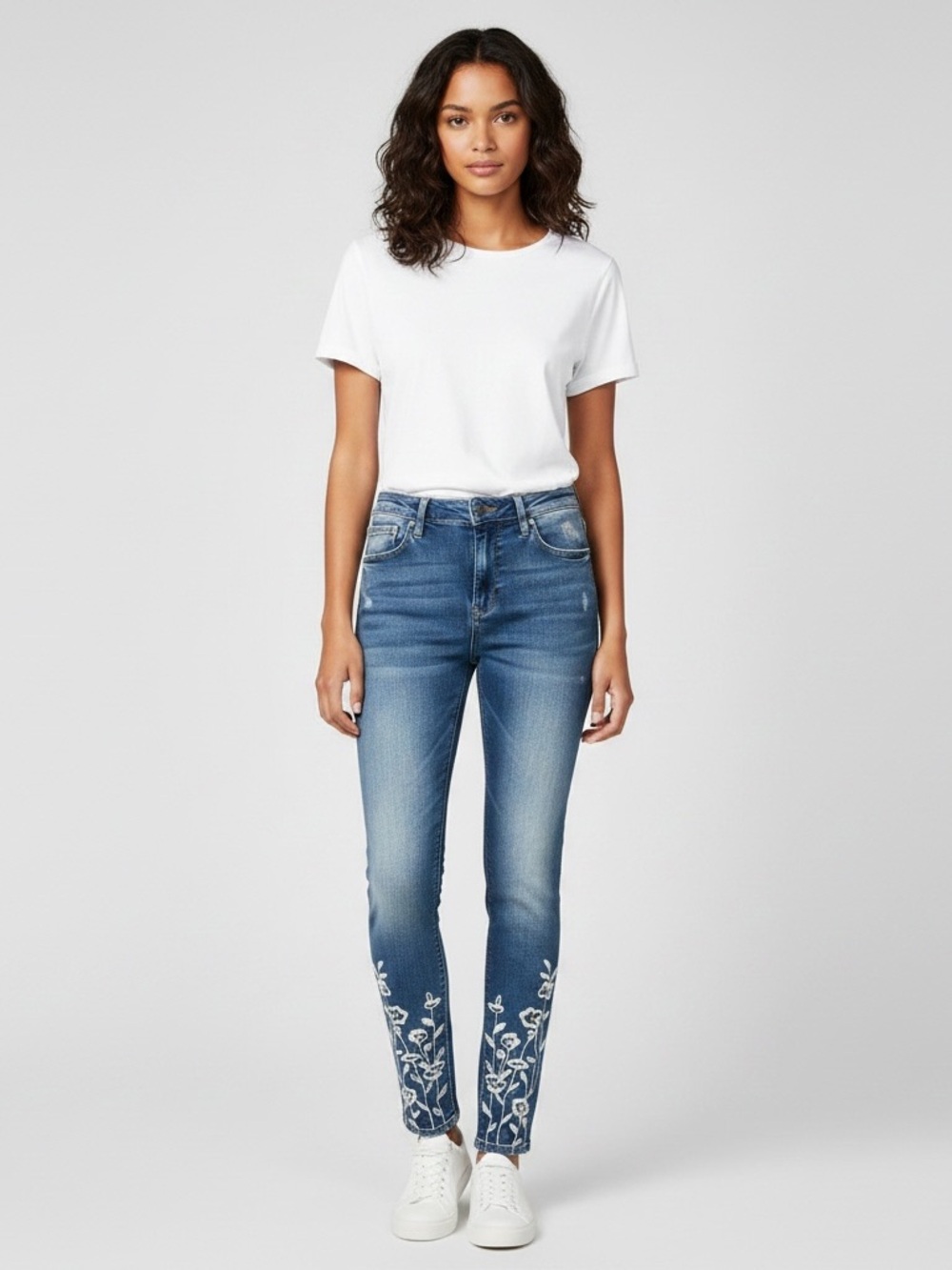 Miss Me Medium Blue Skinny Jeans with White Floral Embroidery